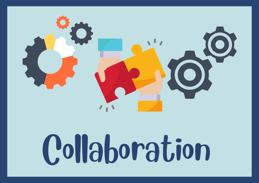 Image with gears and two hands holding puzzle pieces and fitting them together with the word Collaboration underneath.