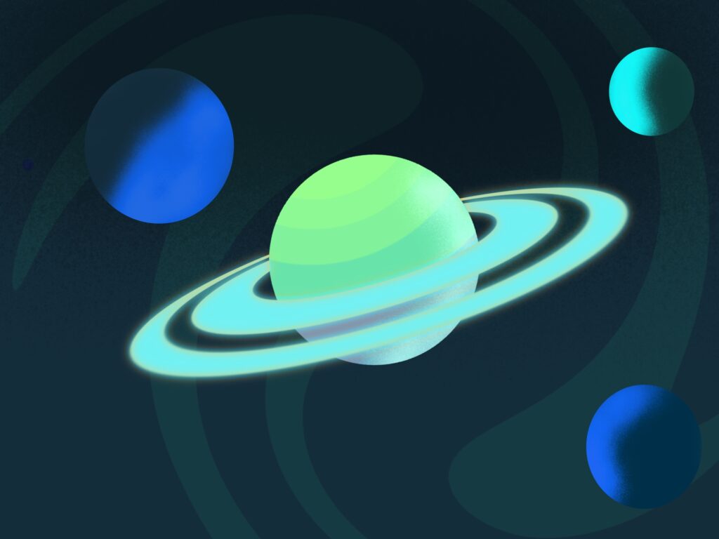 4 planets, center one with 2 rings. 2 planets are blue, 1 planet is turquoise, the center planet is multiple shades of green.