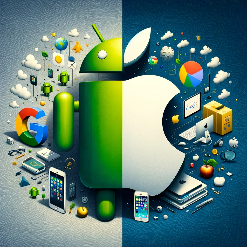 DALL·E-2024-01-27-16.27.27-An-image-representing-a-conceptual-comparison-between-Google-and-Apple.-The-scene-should-be-divided-into-two-sections.-On-one-side-depict-symbols-ass.png