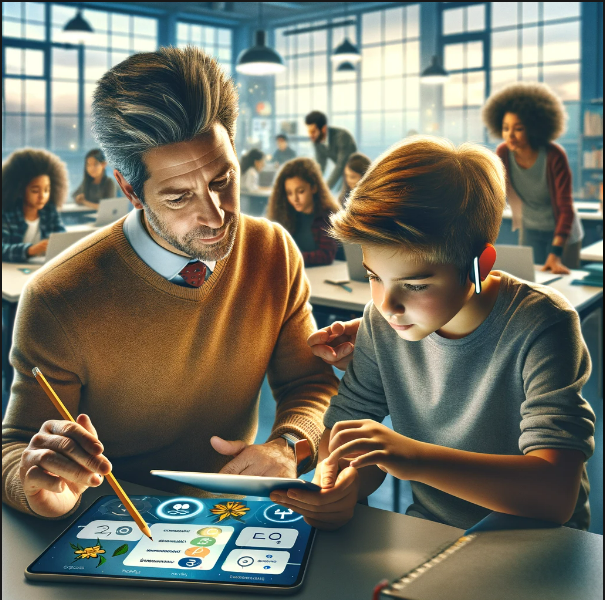 Here is the image depicting a student and teacher working together with technology to create a learning goal, set in a bright and modern classroom environment. This collaboration highlights the supportive and innovative atmosphere that technology brings to education.