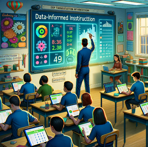 Here is the image depicting the concept of data-informed instruction in an educational setting, showcasing how technology and data analytics are integrated with traditional teaching methods to enhance learning experiences.